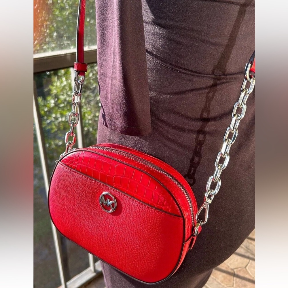 Michael Kors Jet Set Glam Front Pocket Small Oval Crossbody Bag Purse Red/Silver